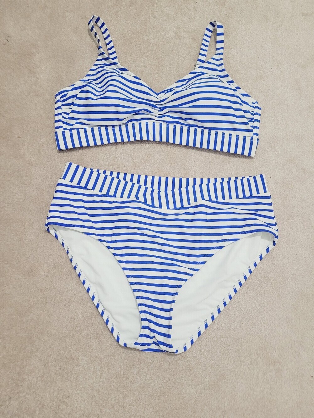 Kona Sol Blue White Stripe Bikini Swimsuit Set Top 16W Bottom XL Padded Beach - Picture 2 of 15